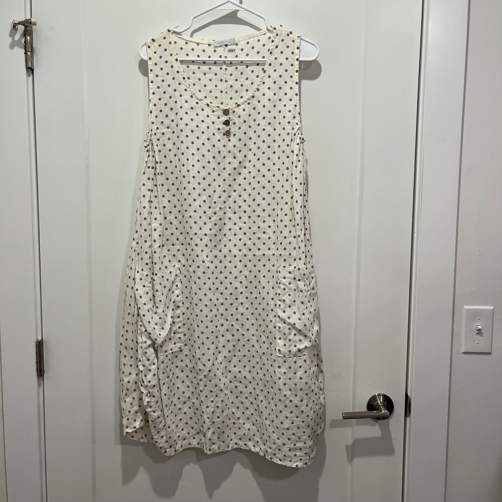 Made in Italy Linen Polka Dot Sleeveless Pocket Shift Dress Cream Grey